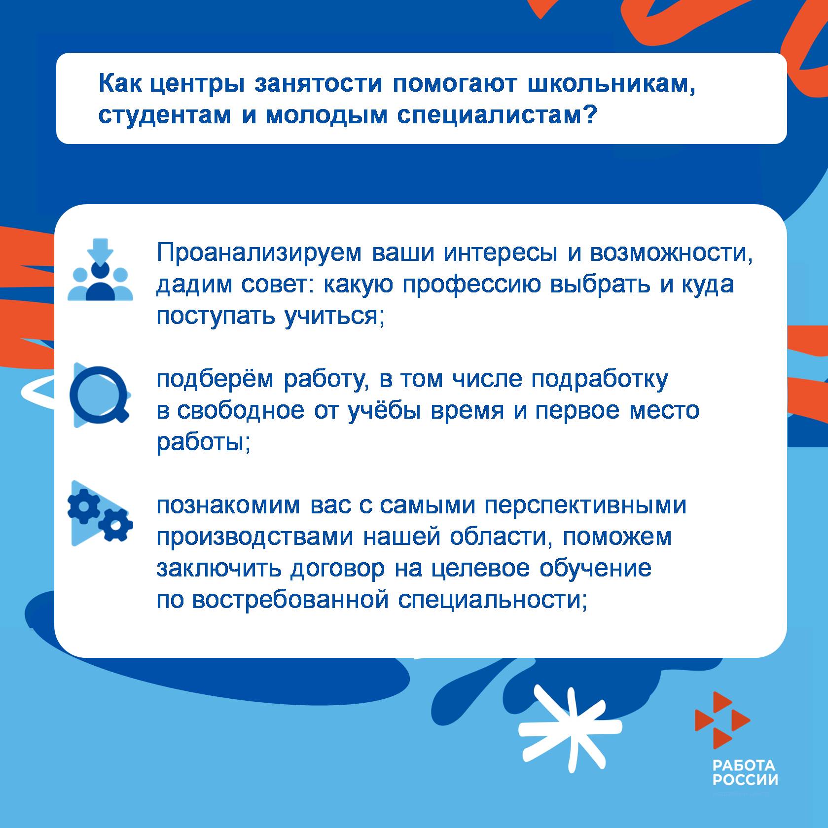 Плакат о помощи центров занятости школьникам, студентам и молодым специалистам